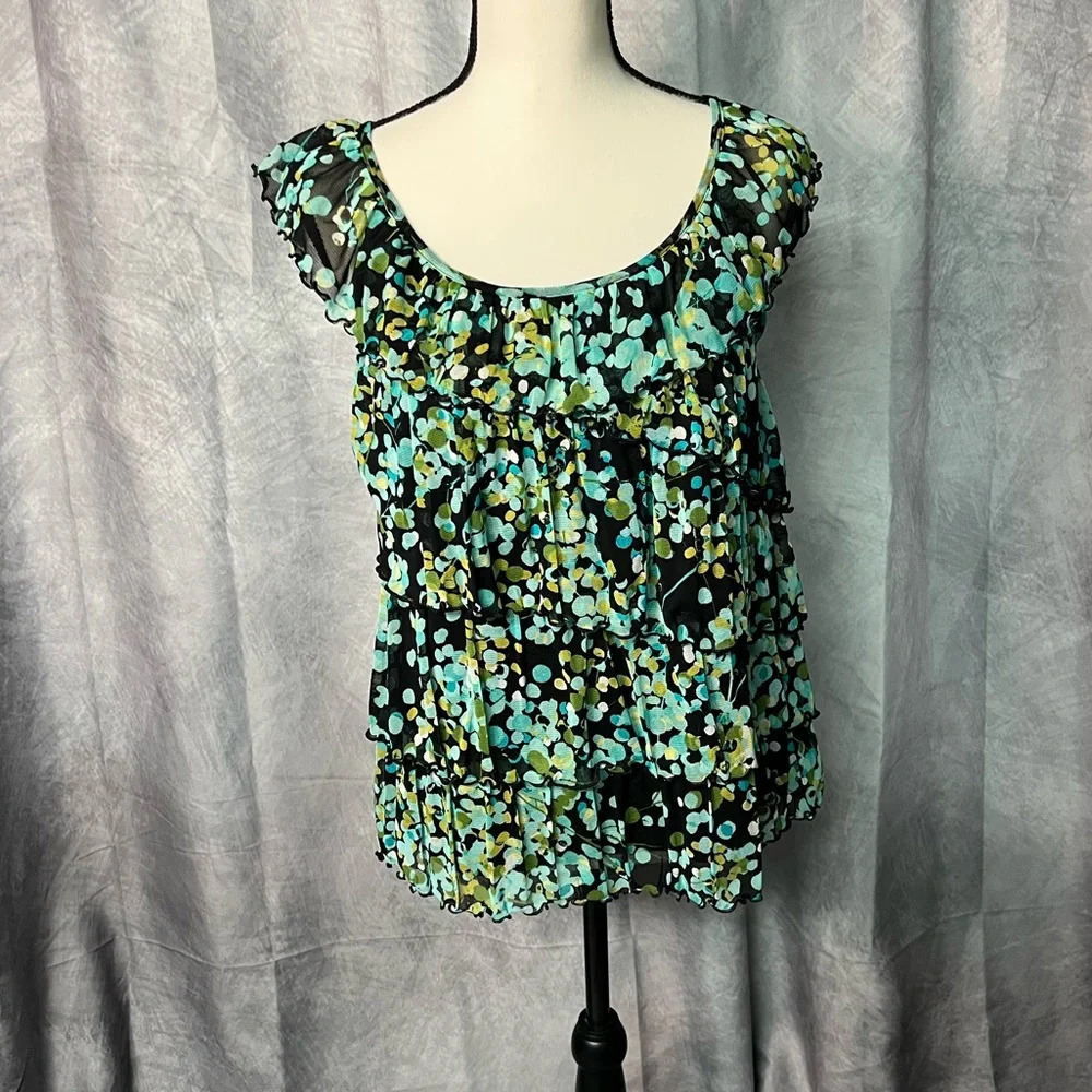 Apt. 9 Aqua, Teal, Black, Green & Yellow Ruffle Sleeveless Blouse - size PM